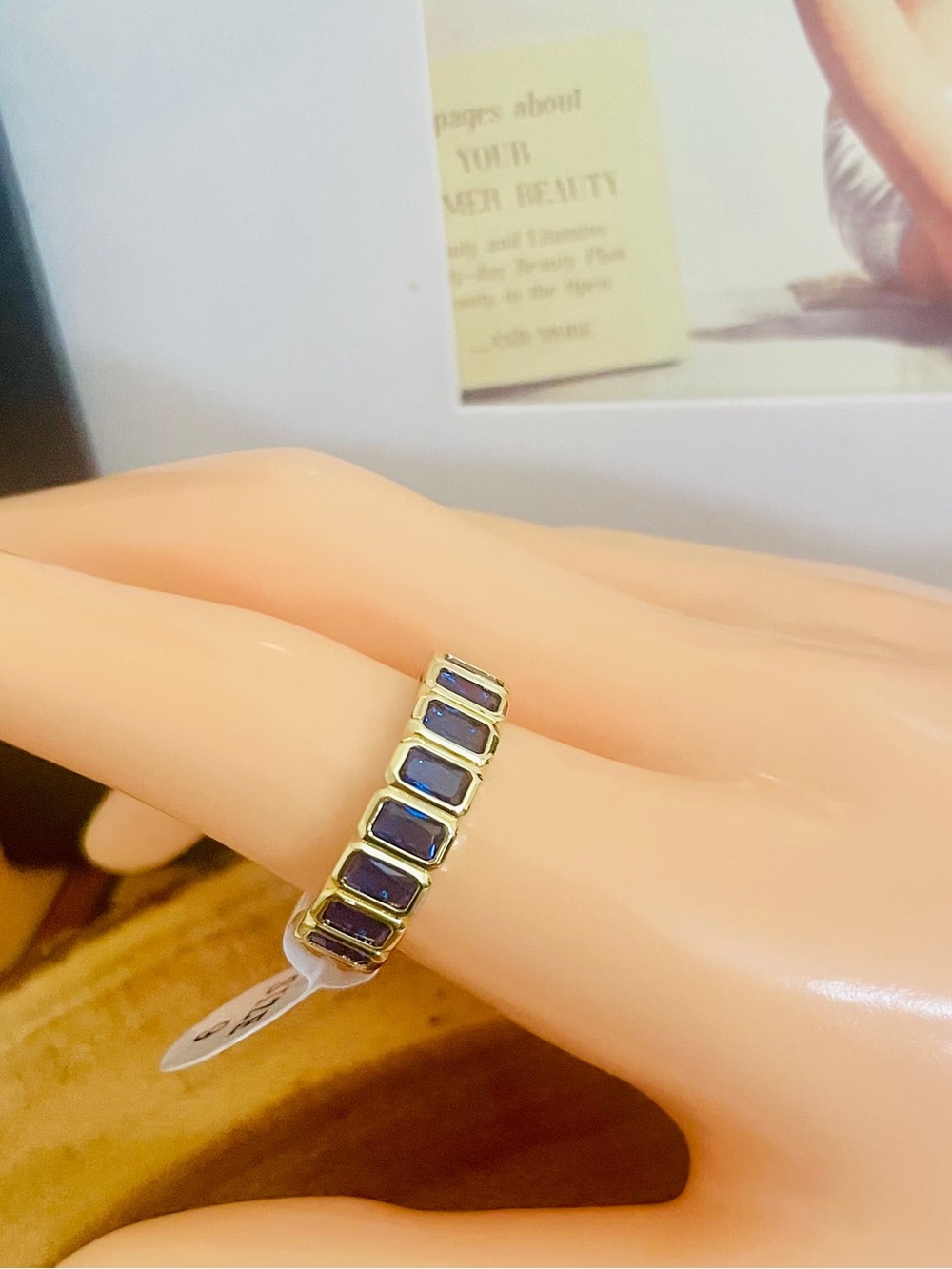 Bezel Set Blue Sapphire CZ Emerald Cut Gold Plated Eternity Band Ring NWT Size 9
